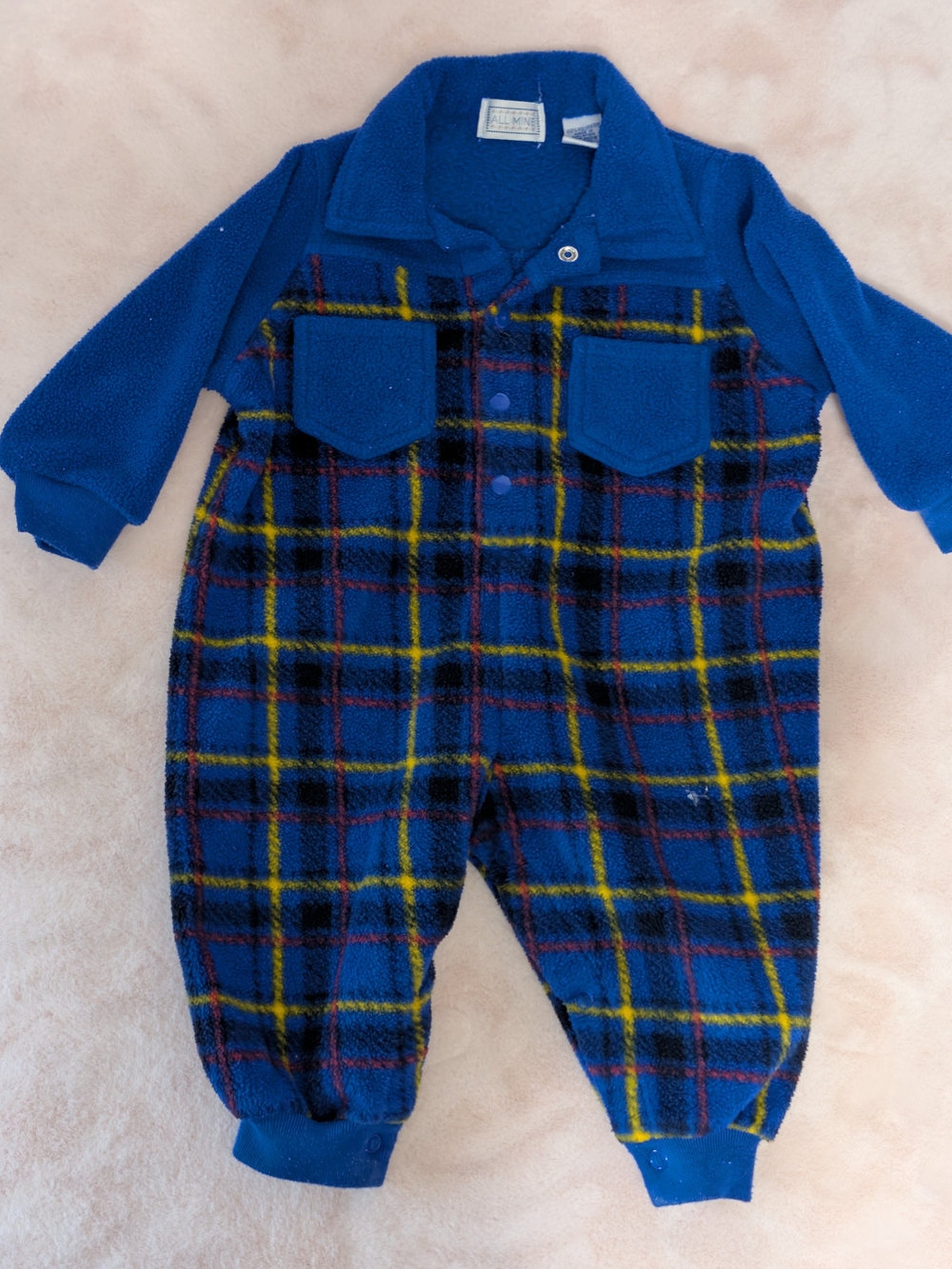 Vintage 90s All Mine Plaid Fleece Romper Jumpsuit - Blue/Yellow - 6/9 Mon